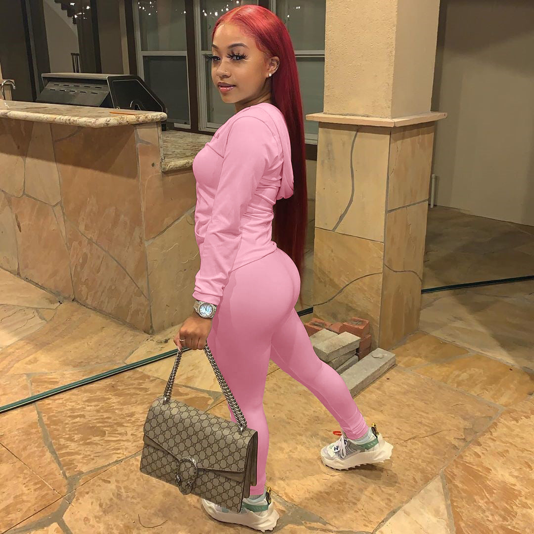 Women Summer Sports Hooded Full Sleeves Solid Pockets Regular Two Piece Pants Set 26