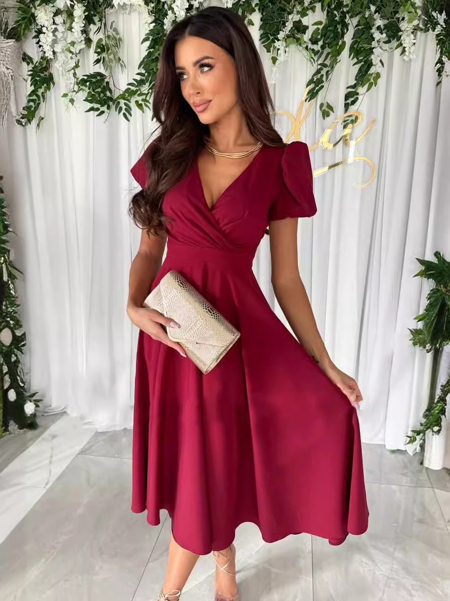 Women Career Solid V-Neck Puff Sleeve Dress 8