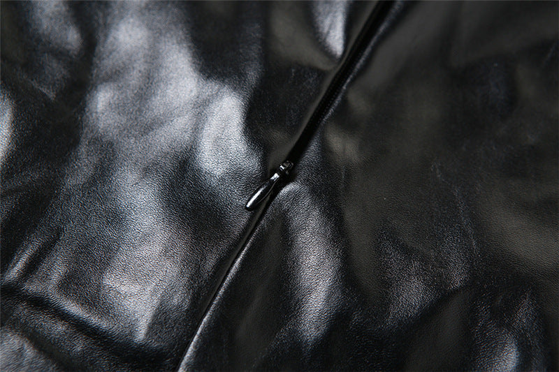 Women Summer Black Pu-Leather Stand Collar Sleeveless Pleated Irregular Top and Bodycon Skirt Two-Piece Set 14