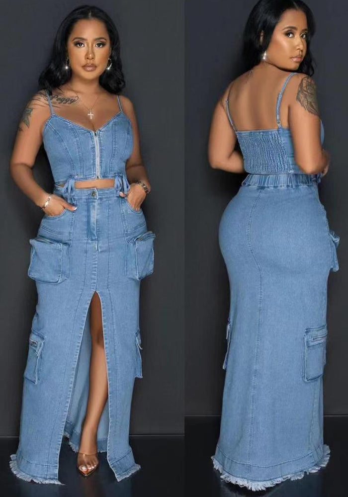 Women’s Fashion Zipper Strap Top Cargo Denim Skirt Set