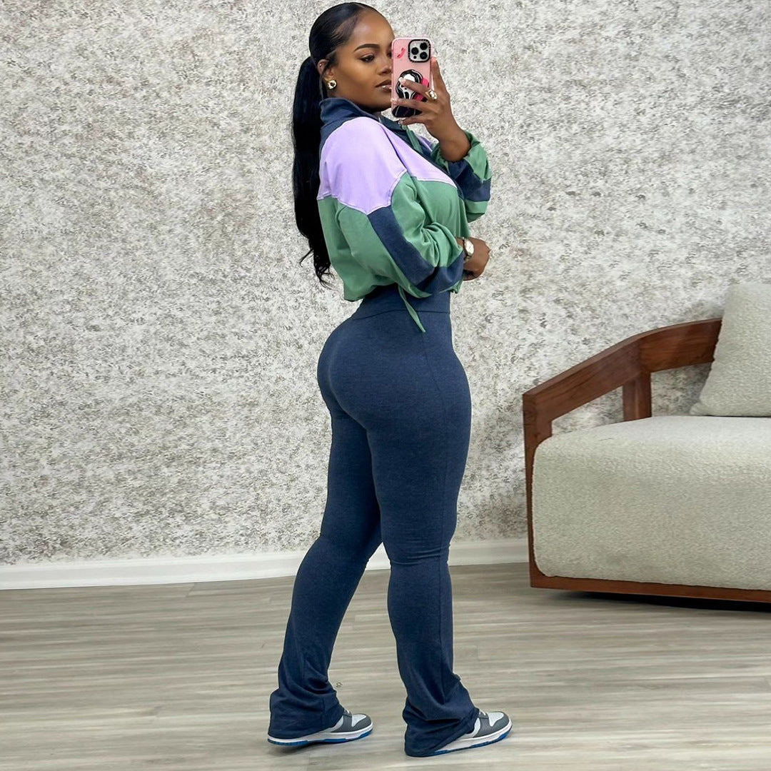Women Contrast Color Long Sleeve Top and Pants Two-Piece Set 6