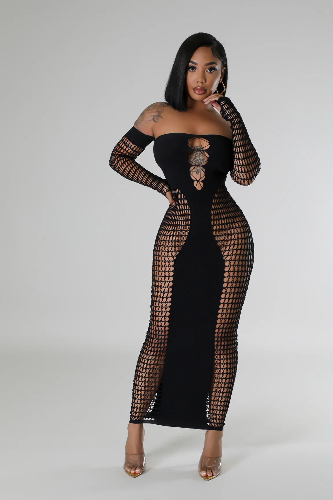 Off Shoulder Long Sleeve Stretch See Through Sexy Dress 8