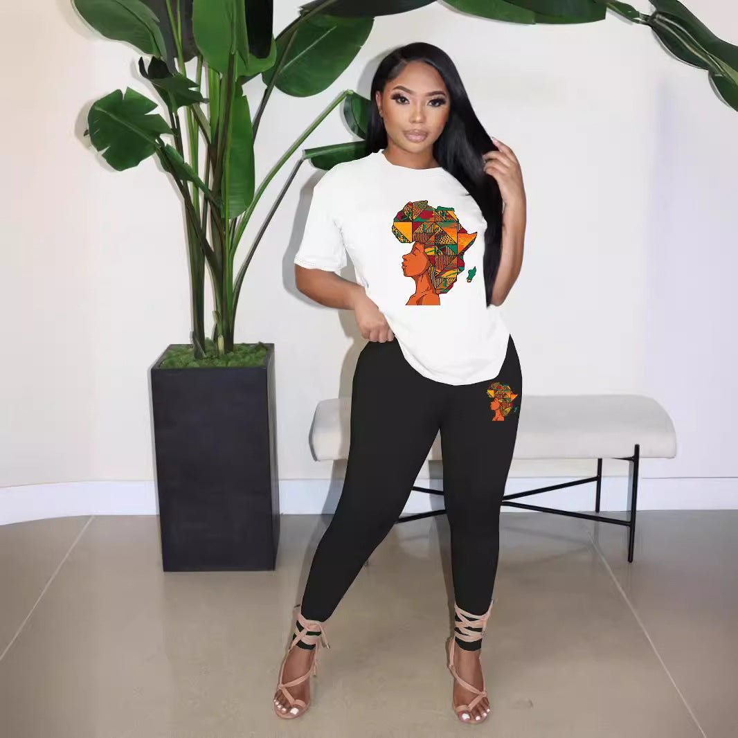 Women's Clothing Print Fashion Casual Short Sleeve Two-Piece Pants Set 5