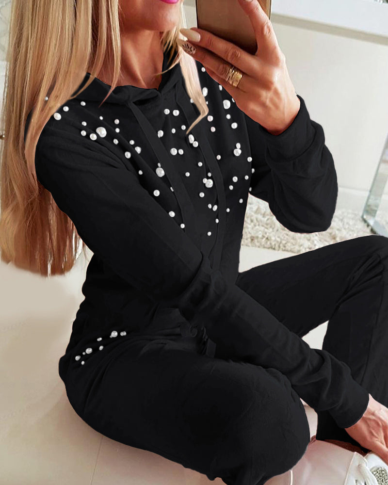 Women Pink Bubble Bead Top and Pant Casual Two-Piece Set