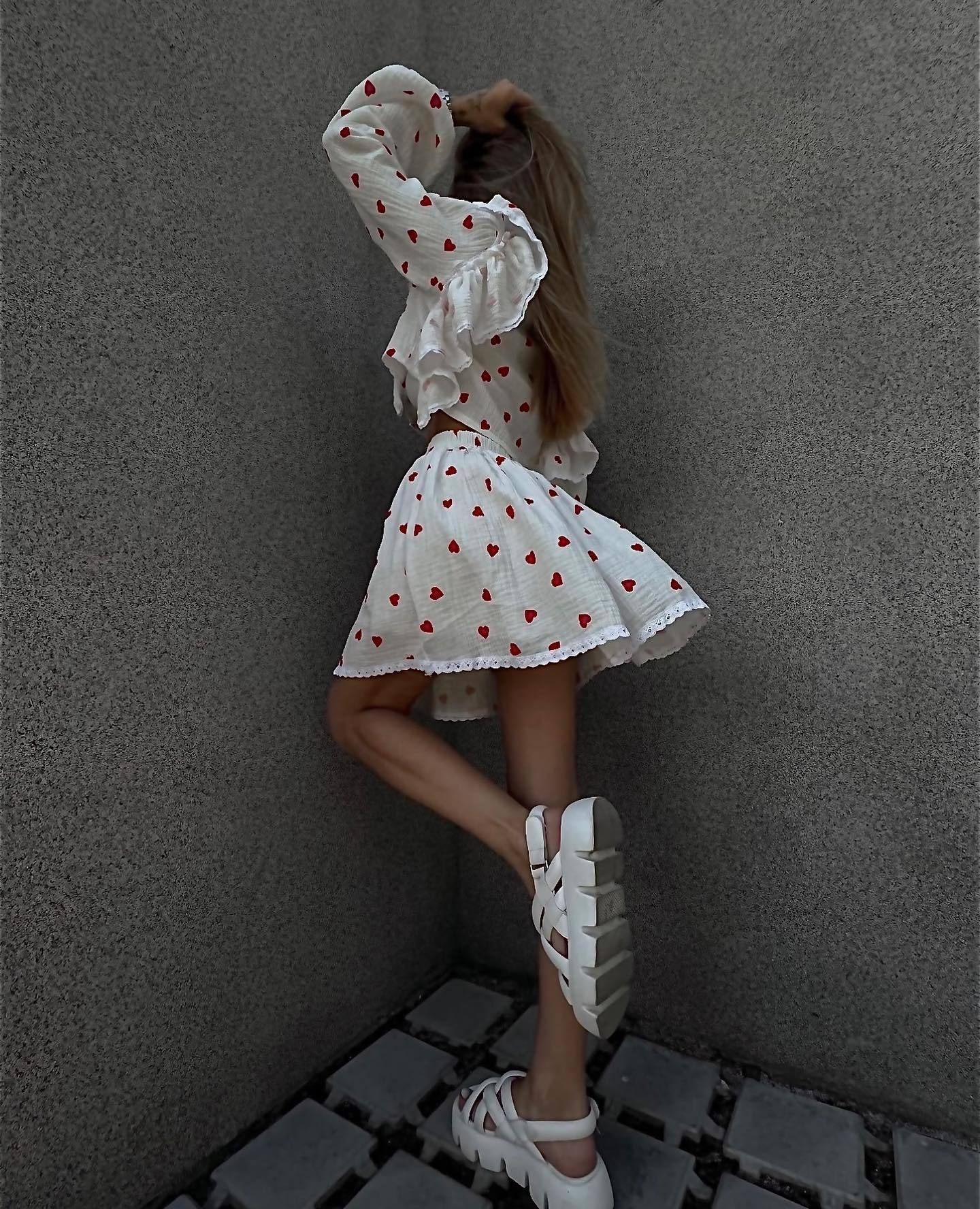 Women Ruffle Strawberry Print Long Sleeve Top and Skirt Two-Piece Set 22