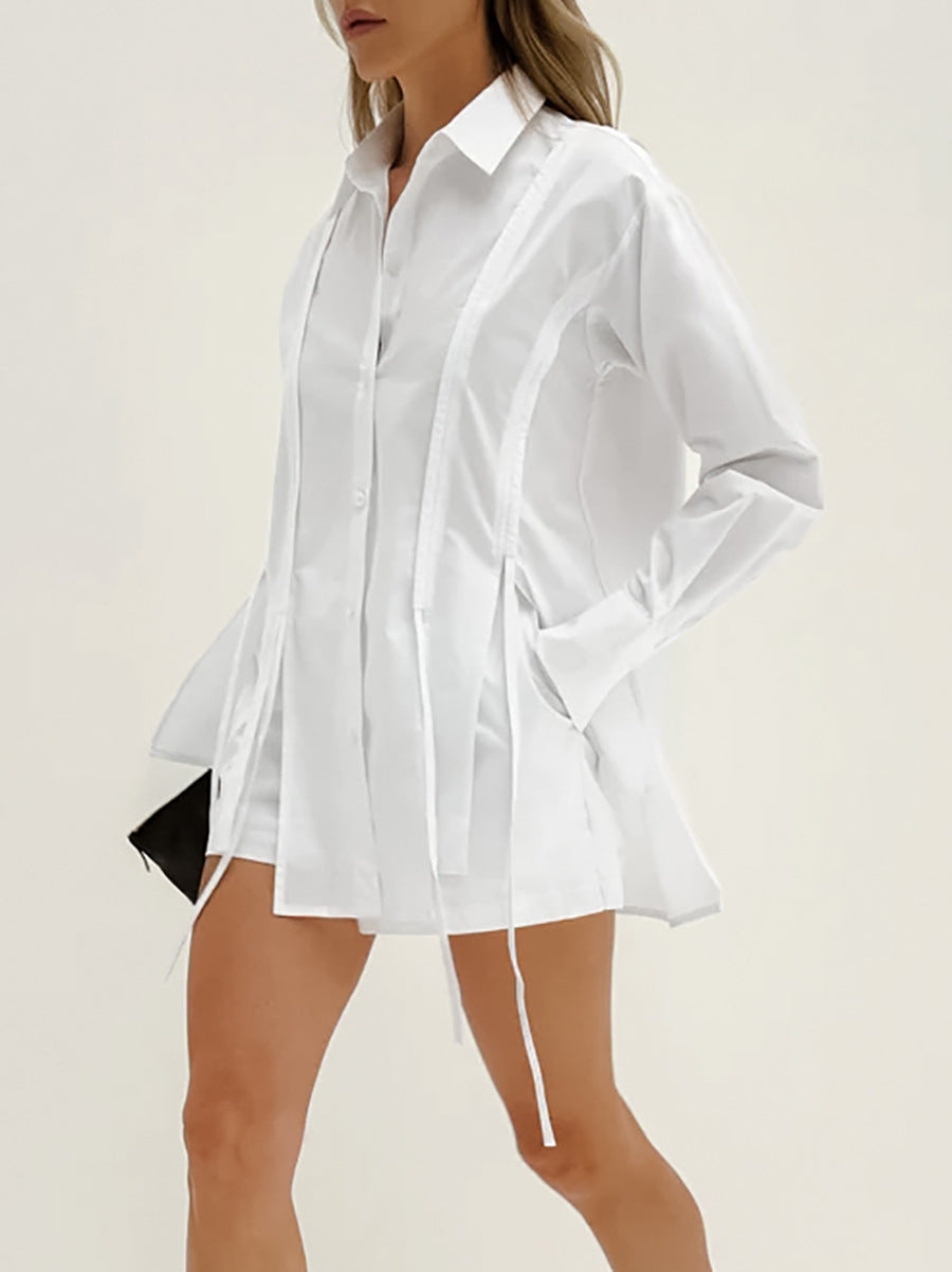 Women Spring and Summer French Style Turndown Clar shirt shorts Casual two-piece set 6