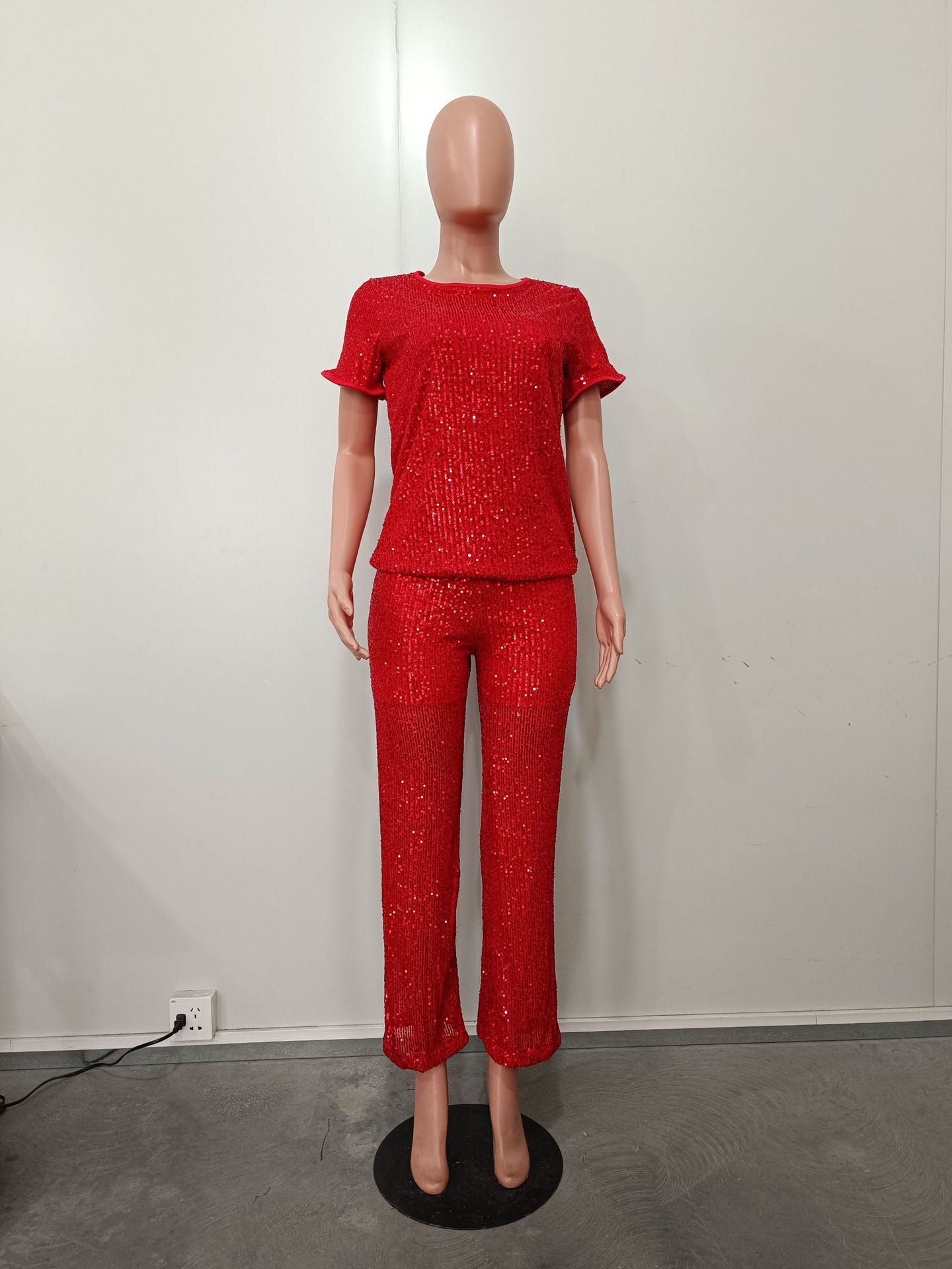 Women Spring Summer Sequin Solid Short Sleeve Top and Pants Two-piece Set 32