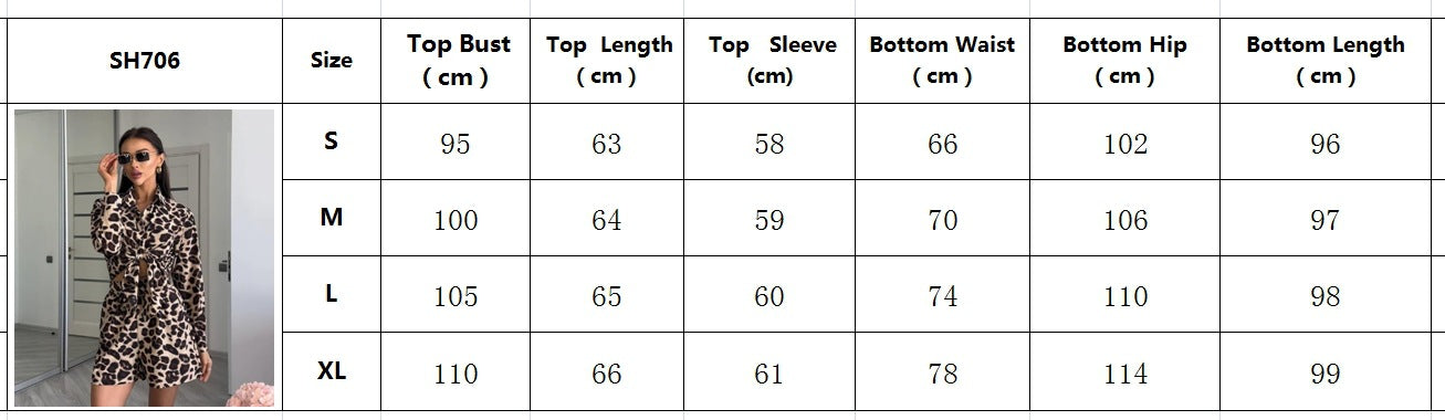 Summer Leopard Print Long Sleeve Shirt And Shorts Two-piece Set 7