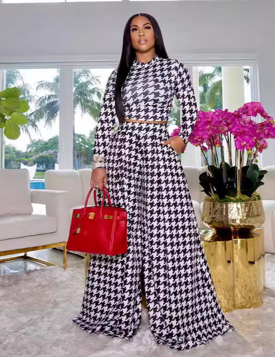 Women's Plaid Print Round Neck Long Sleeve Women's Casual Two Piece Pants Set