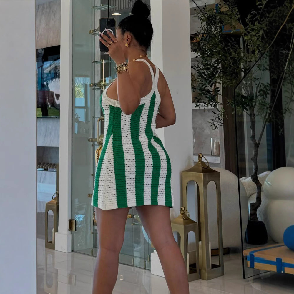 Women Spring Summer Striped Hollow Knitting Strap Dress 4