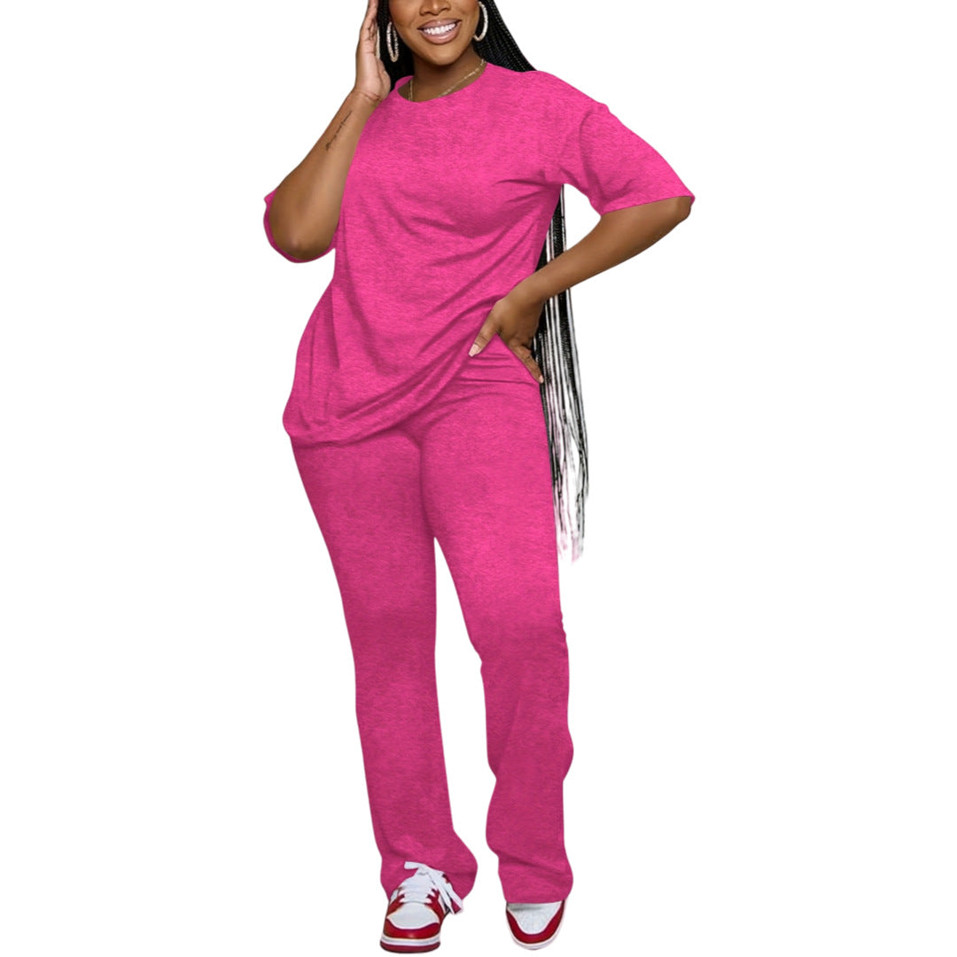 Women Casual Solid Round Neck Top and Pants Two-Piece Set 8