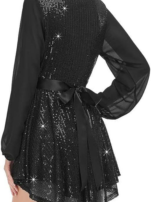 Women's Sequin Loose Party Dress Long Sleeve Casual Loose Mini Short Gown 4