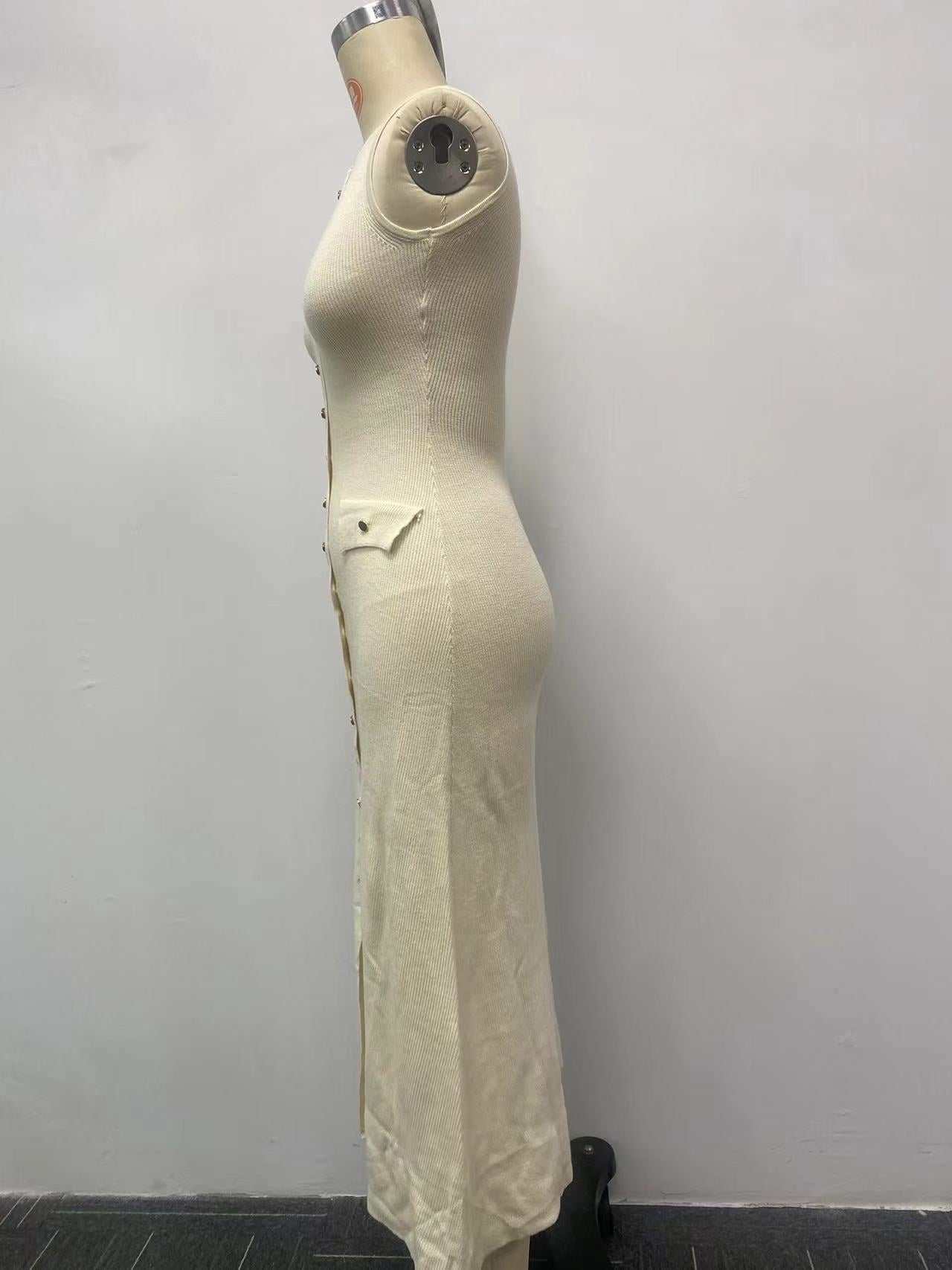 Women Knitting Elegant Sleeveless Button Dress 8