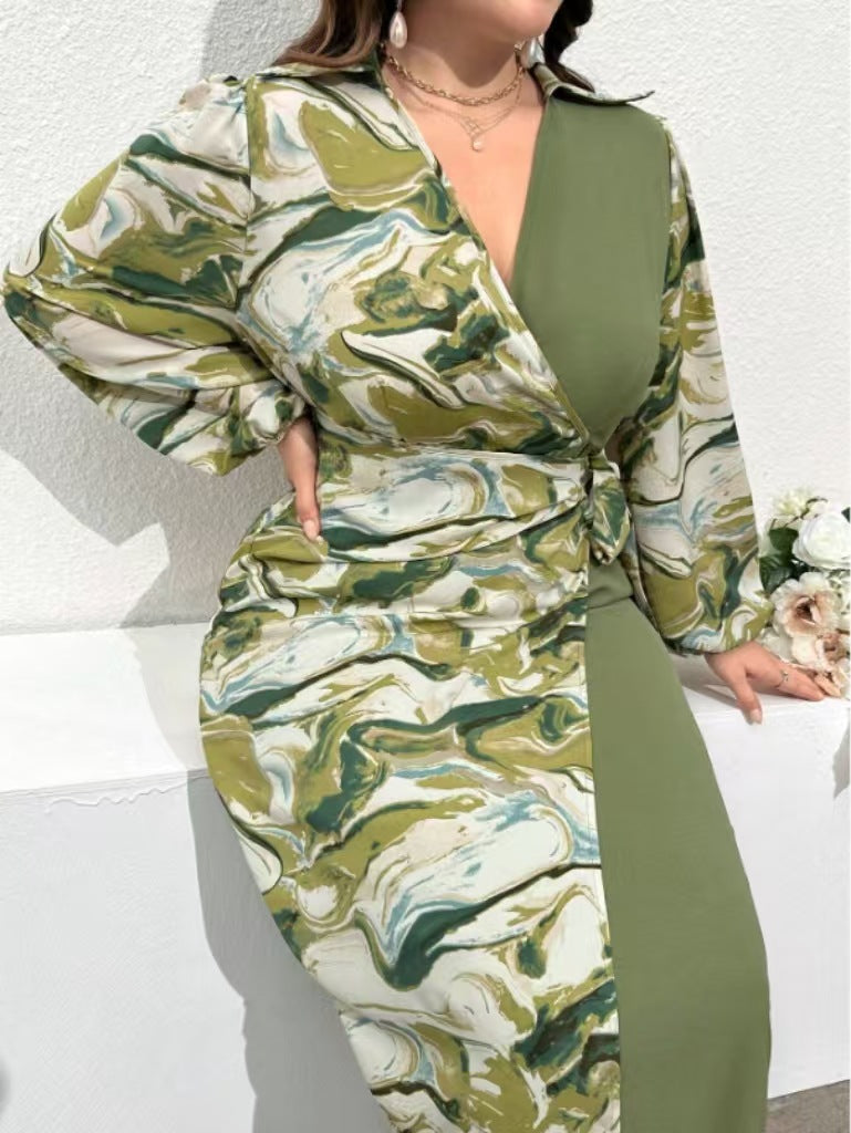 Plus Size Women V-Neck Printed Long Sleeve Colorblock Dress 4