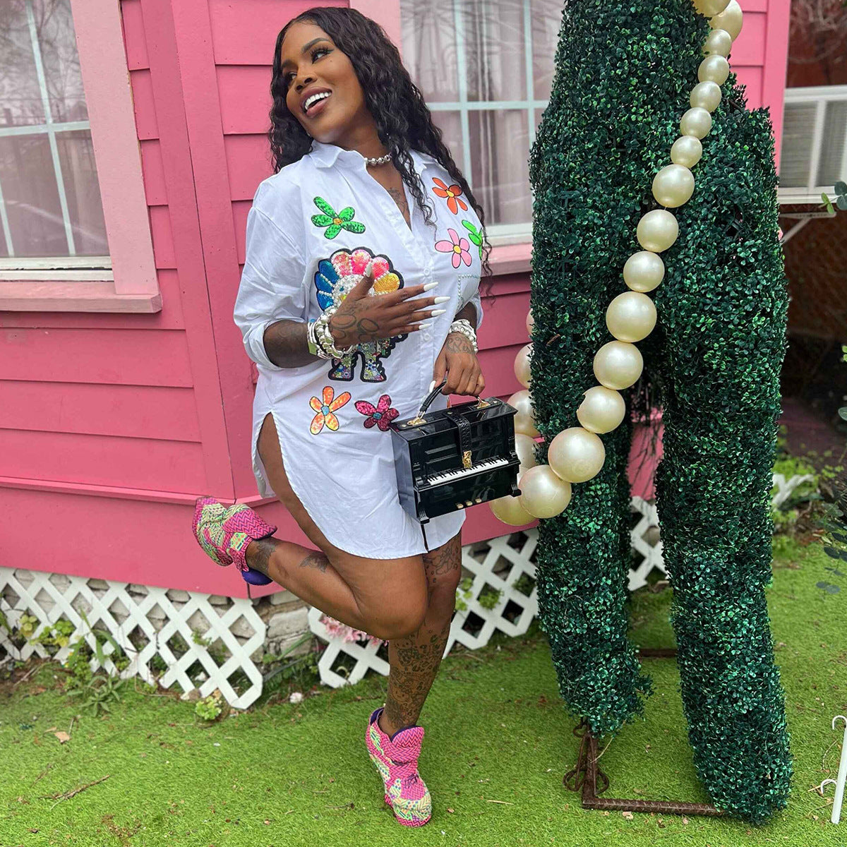 Women Printed Pearl Chain Style Long Sleeve Shirt 6