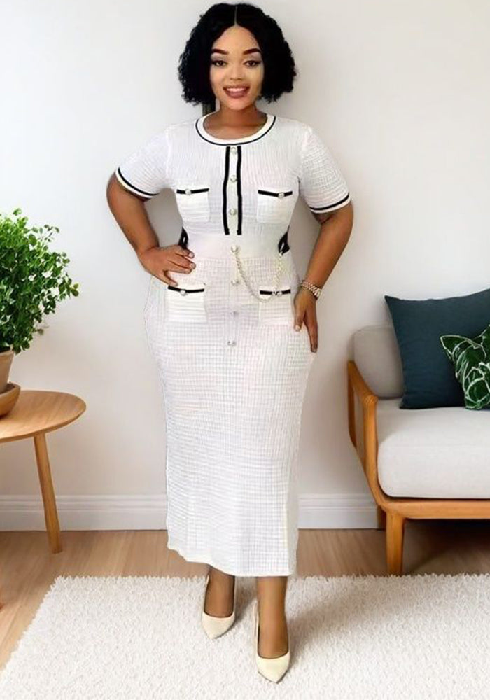 French Elegance Chic Fitted Round Neck Short-Sleeve Gold Button Knit Dress