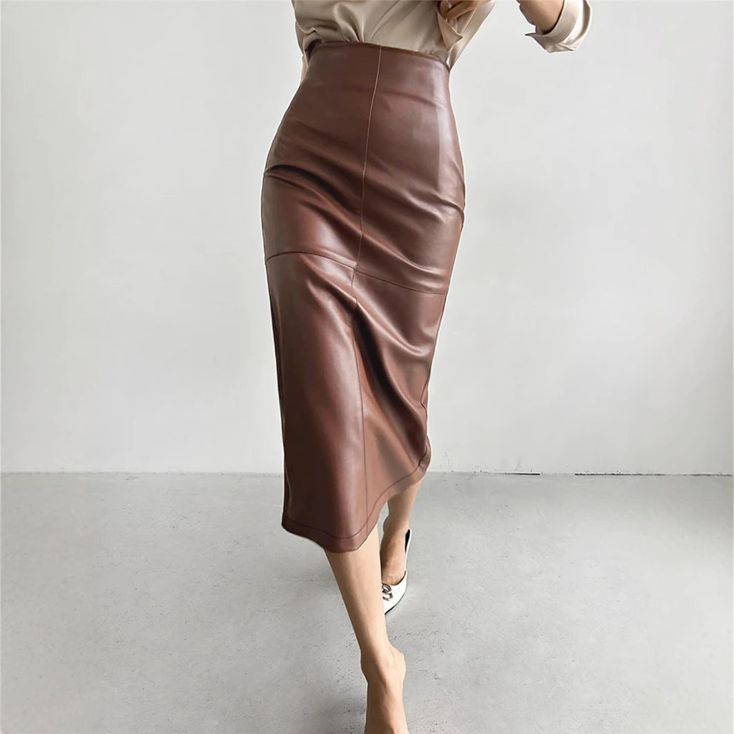 women's fashion spring autumn summer slit high waist straight Long Leather skirt