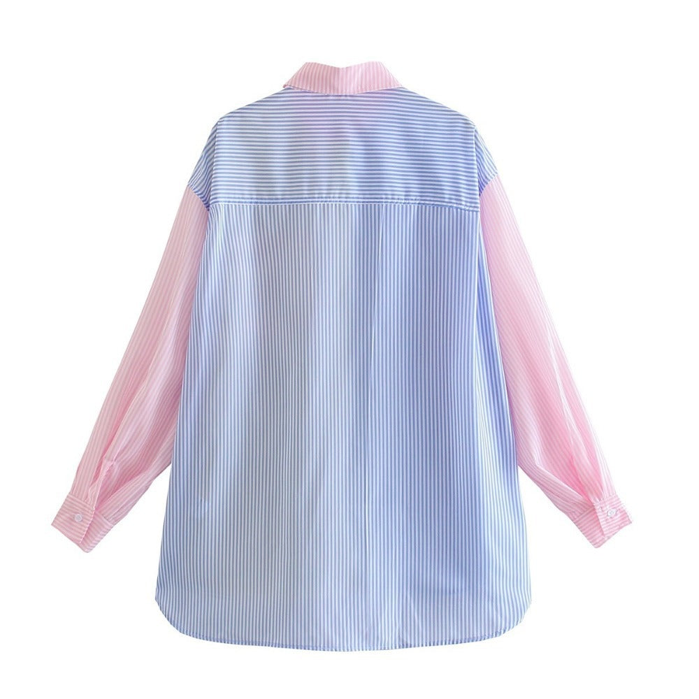 Summer Contrast Stripes Color Matching Loose Shirt 11
