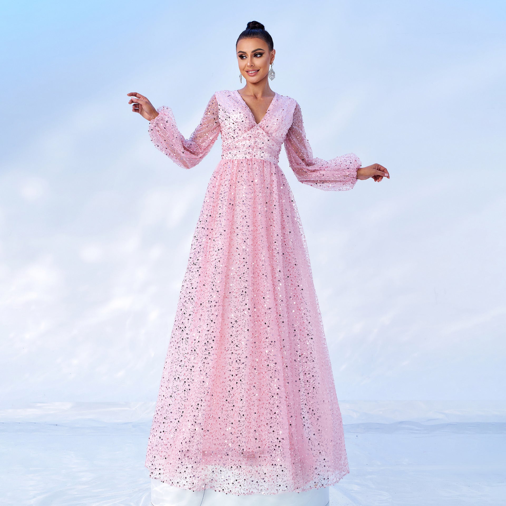 Long Sleeve V-Neck Long Sequin Formal Party Evening Dress Bridesmaid Dress 3