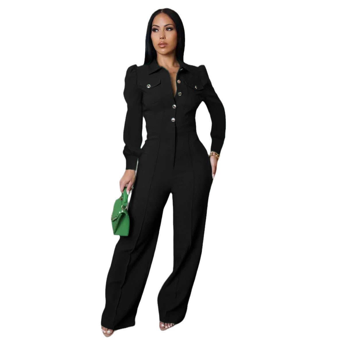 Women's Solid Color Button Turndown Collar Long Sleeve Causal Jumpsuit 7