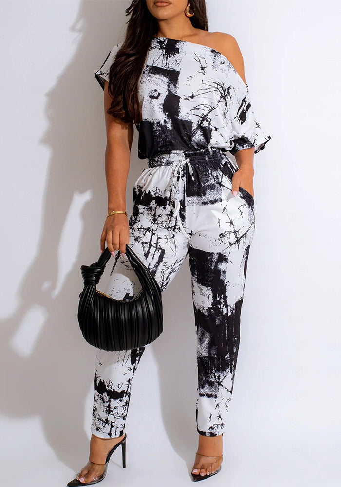 Women Sexy Printed Short Sleeve Off Shoulder Stretch Jumpsuit 3
