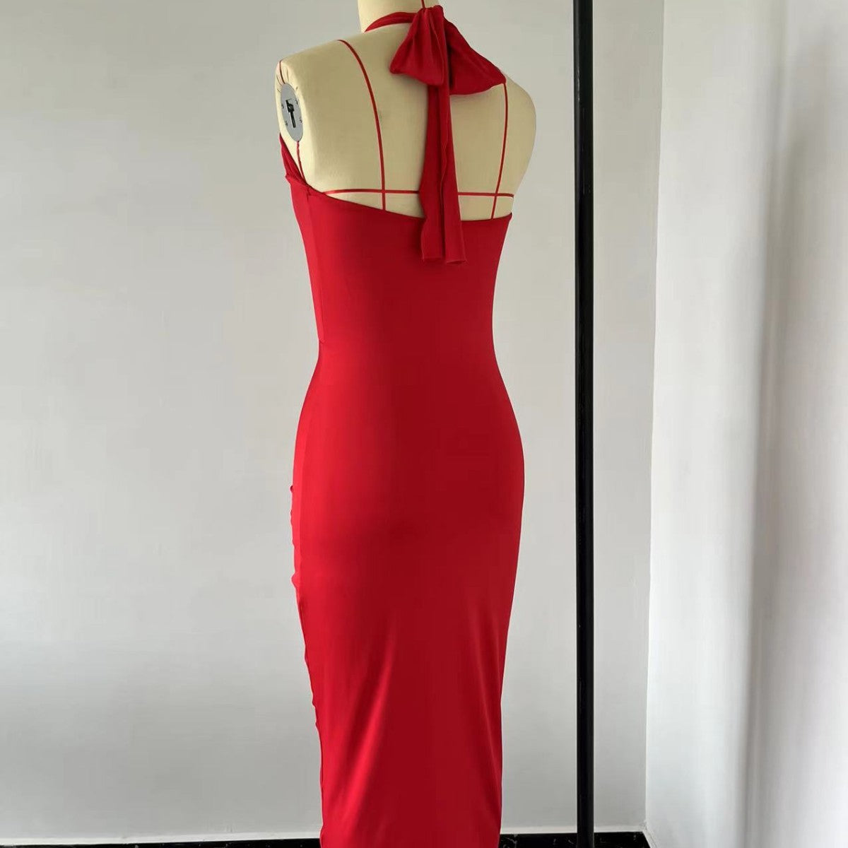 Women Flower Cross Halter Neck Hollow Sexy Plunging Pleated Dress 10