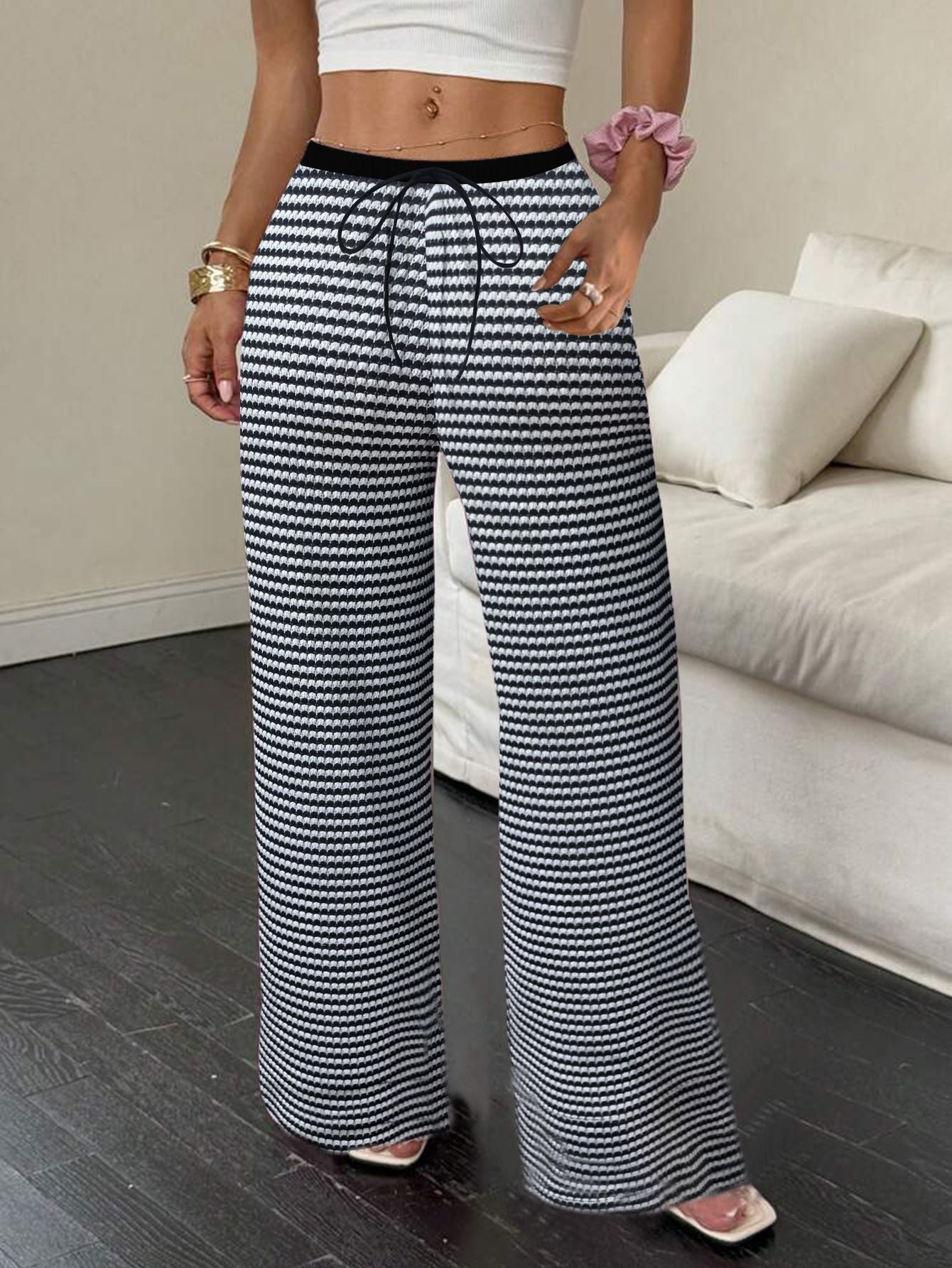 Women's Spring/Autumn Casual Black & White Striped High Waist Loose Wide-Leg Pants 5