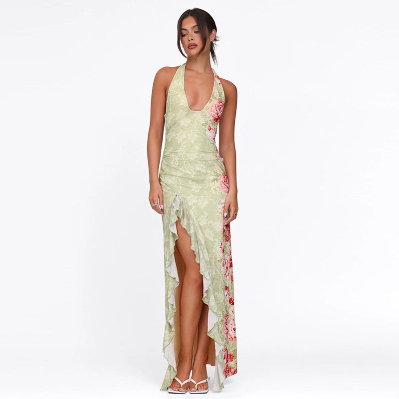 Women Summer Sexy Halter Neck Lace-Up Backless Slit Print Dress