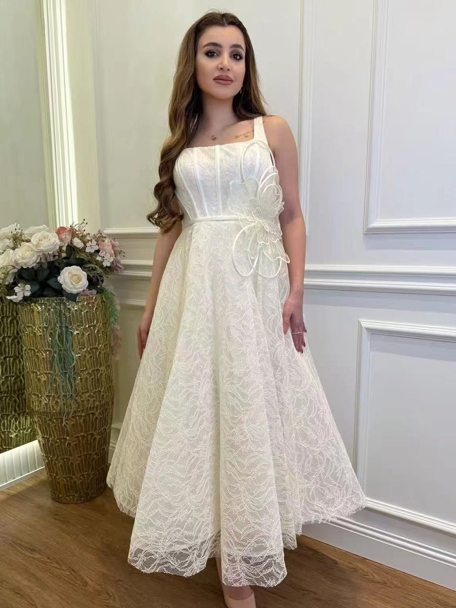 Women French Retro Summer Suspender Maxi Fishbone Lace Dress