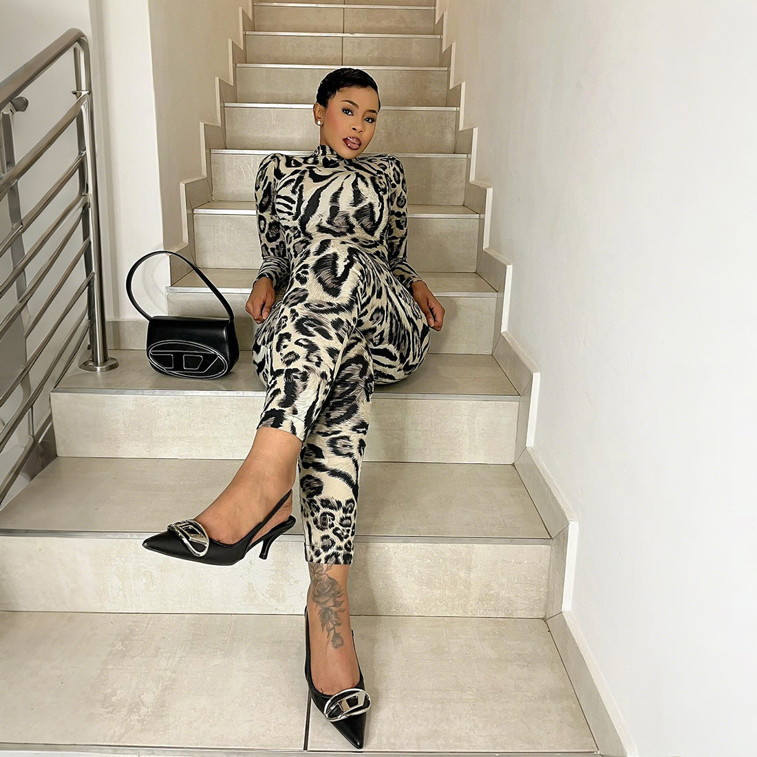 Autumn Women's Fashion Leopard Print Semi-High Neck Sexy Tight Fitting Jumpsuit 6