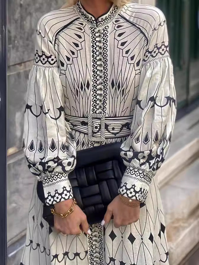Women Elegant Long Sleeve Belt Button Printed Dress 4