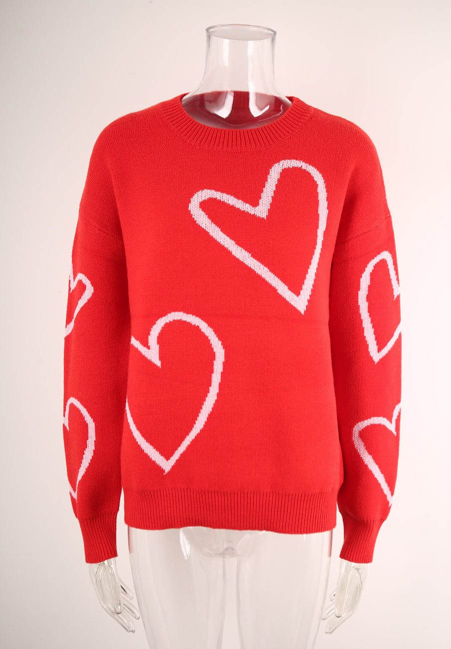 Winter sweater Heart Print Valentine's Day pullover contrast color sweater 17
