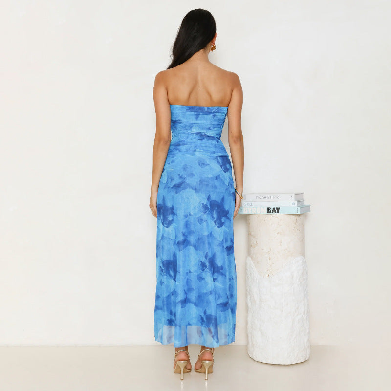 Sexy Slim Strapless Printed Pleated Slit Dress 5