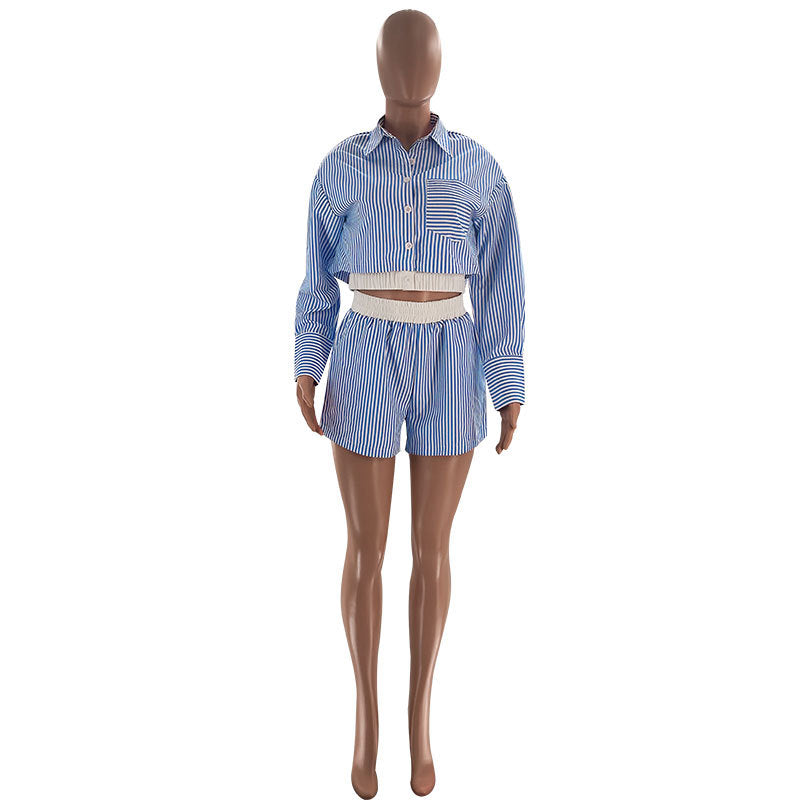 Fashion Casual Women Summer Striped Long Sleeve Shirt Elastic Waist Shorts Two-Piece Set 9