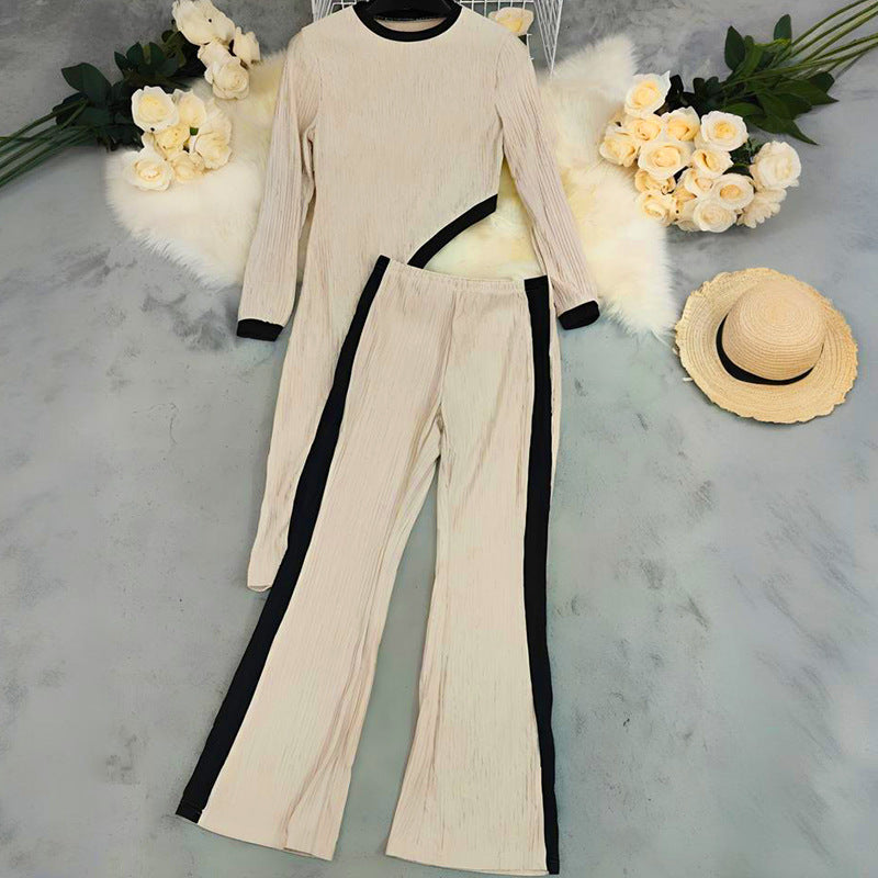 Women  Round Neck Contrast Color Long Sleeve Top and Pants Casual Two Piece Set 3