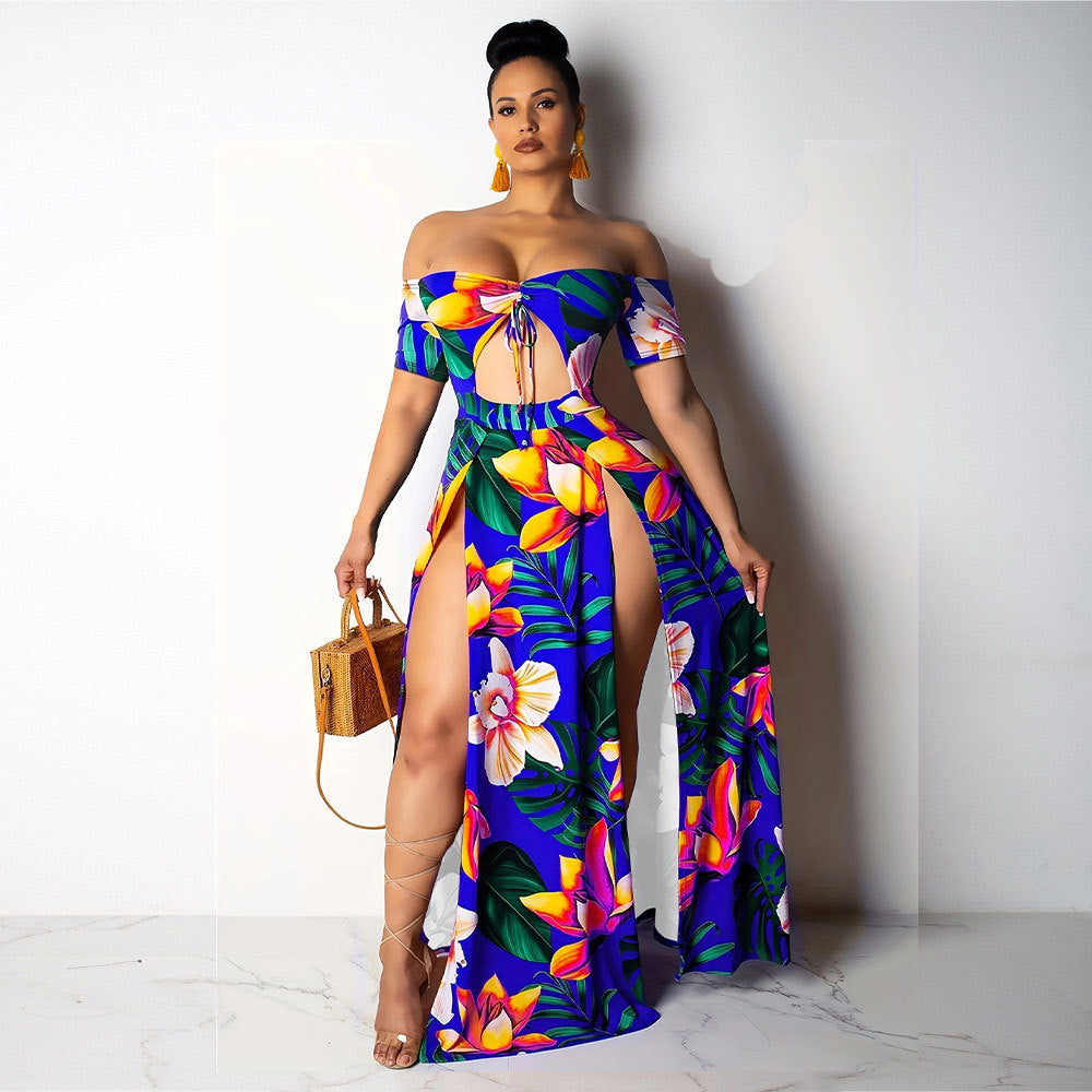 Women Printed Cutout Holidays Long Sleeve Off Shoulder Lace-Up Dress 3