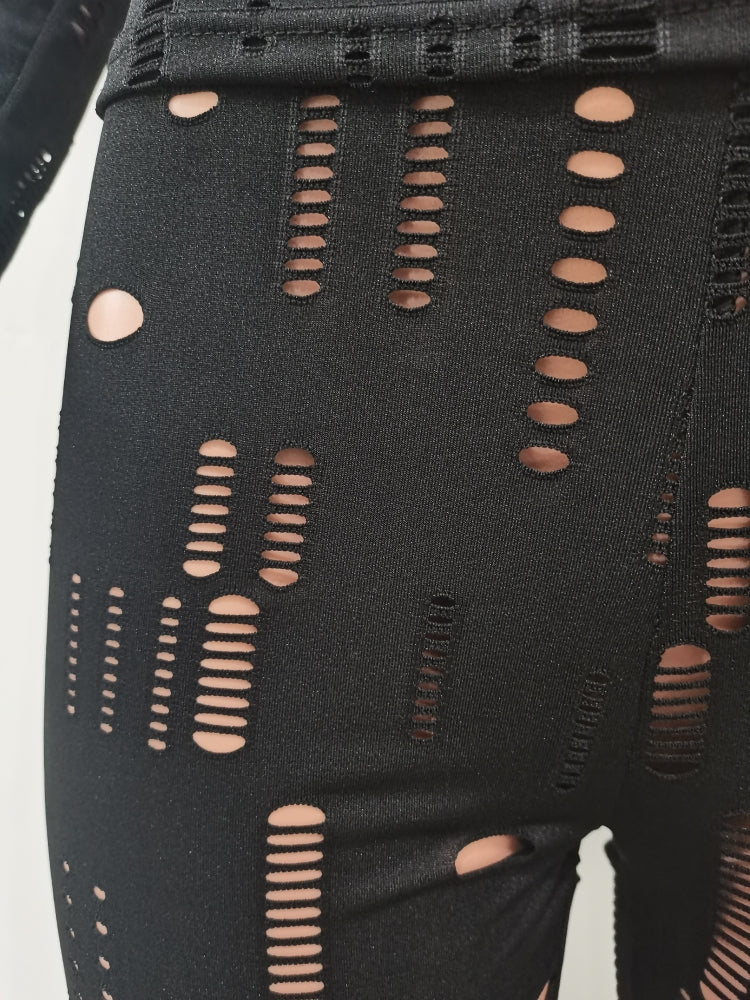 Spring Black Sexy Hollow Out Tight Top and Pants Two Piece Set 10