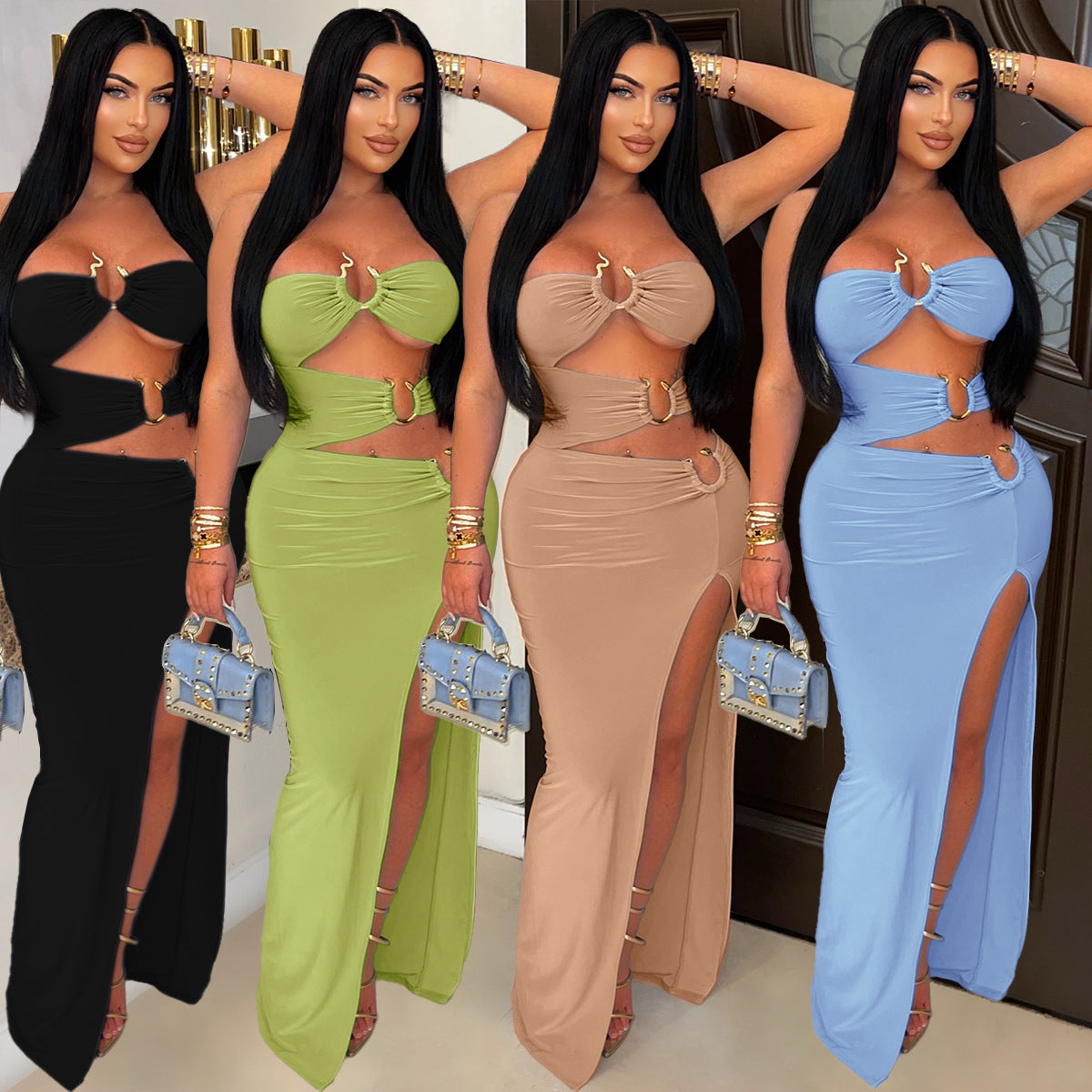 Women Sexy Cutout Metallic Patchwork Slit Bodycon Maxi Dress 14