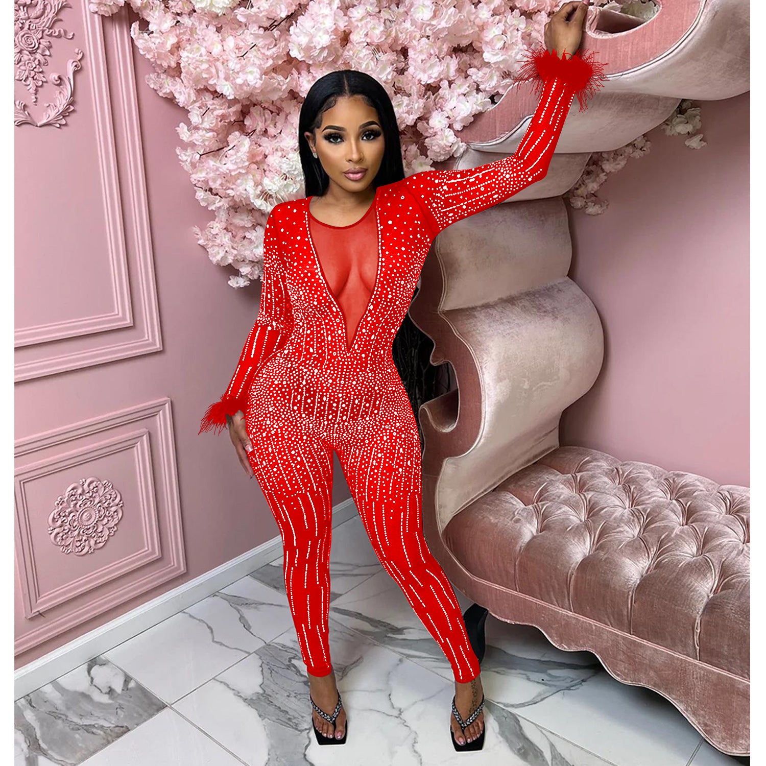 Fashion Women's Mesh Beaded V-Neck Long Sleeve Feather Long Library Jumpsuit 4