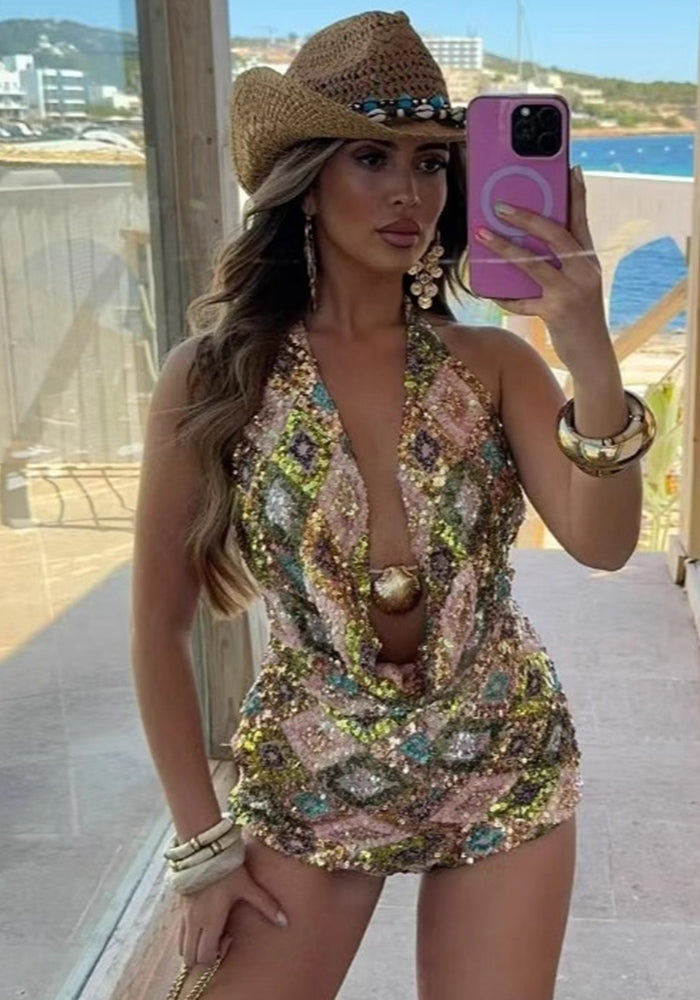 Trendy Fitted Sequin Shell Shorts Set