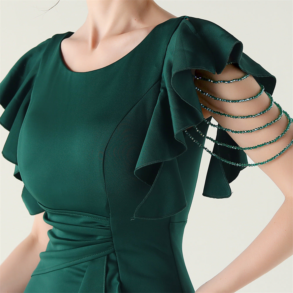 Women beaded tube V neck ruffle draped bead chain bead formal party evening dress 30