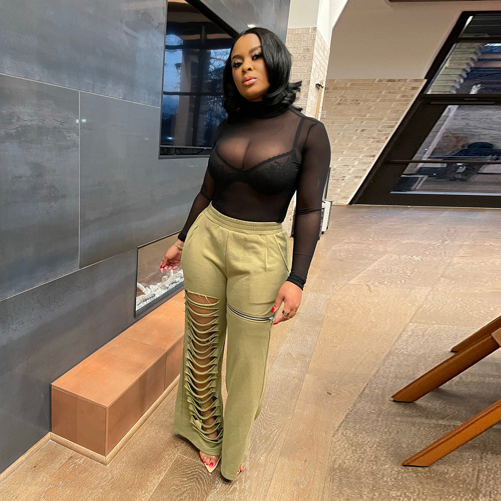 Women Fashion Style Summer Hollow Zipper Pocket Loose Casual Pants 5