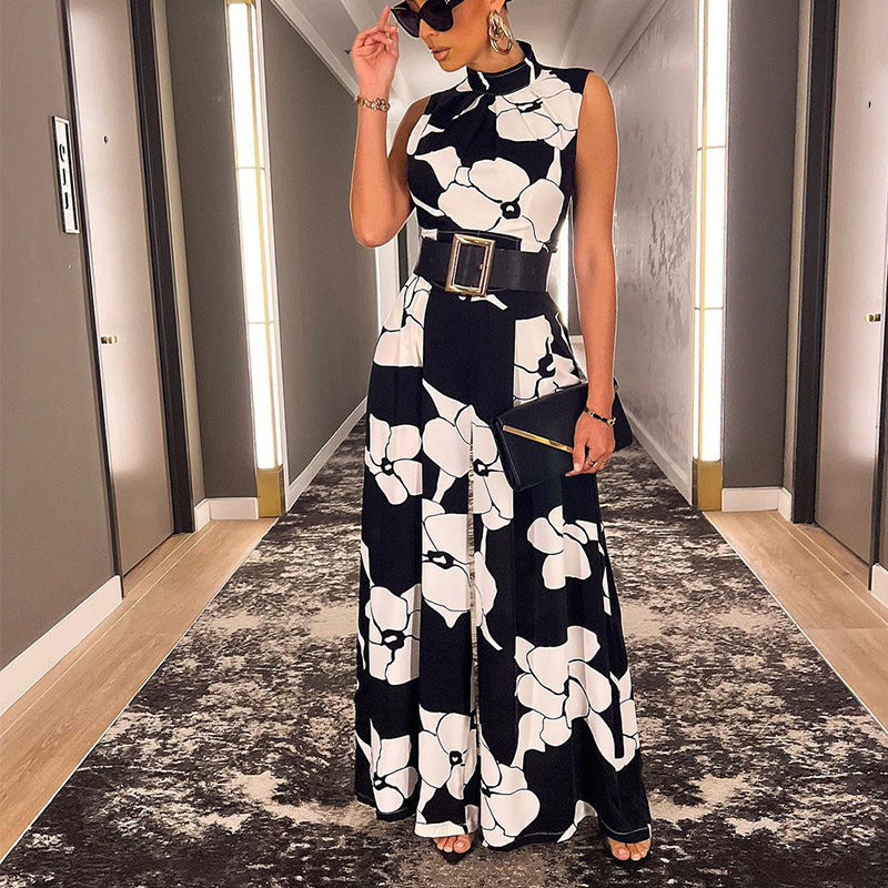 Women Summer Stand Collar Printing Jumpsuit 3