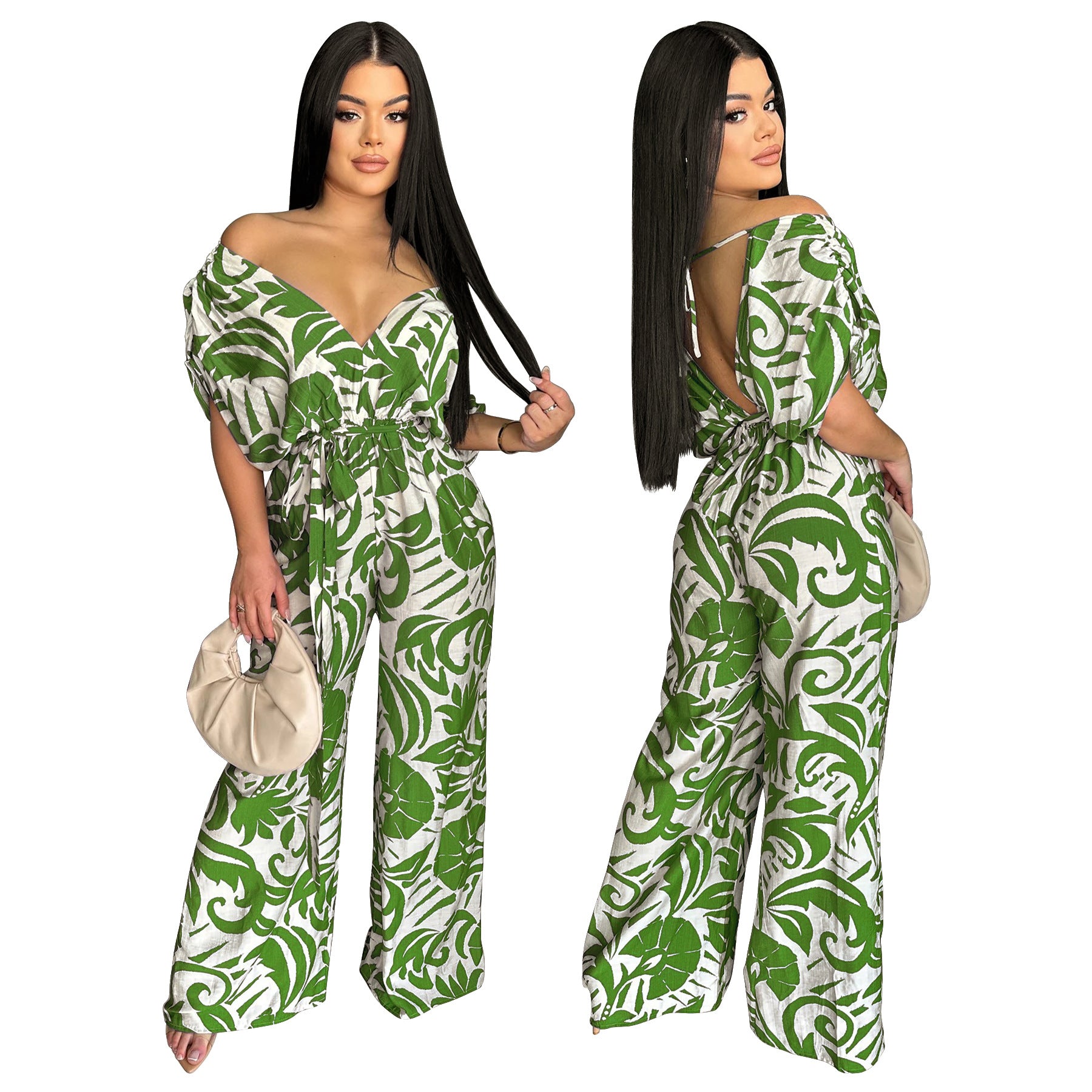 Women Off Shoulder Bat Sleeves Print Wide Leg Jumpsuit 3