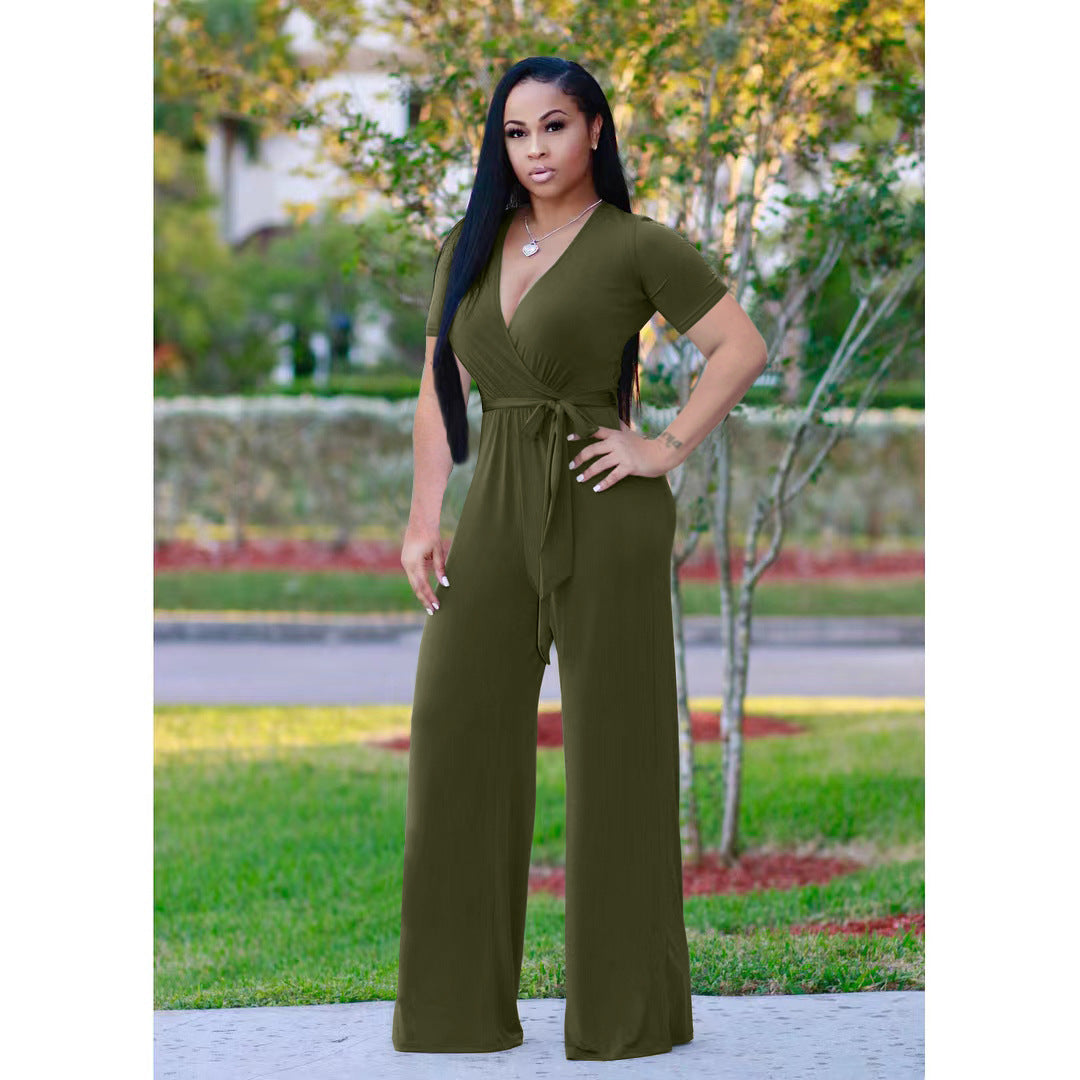 Summer Short Sleeve Wrap V-Neck Solid Loose Jumpsuit 7