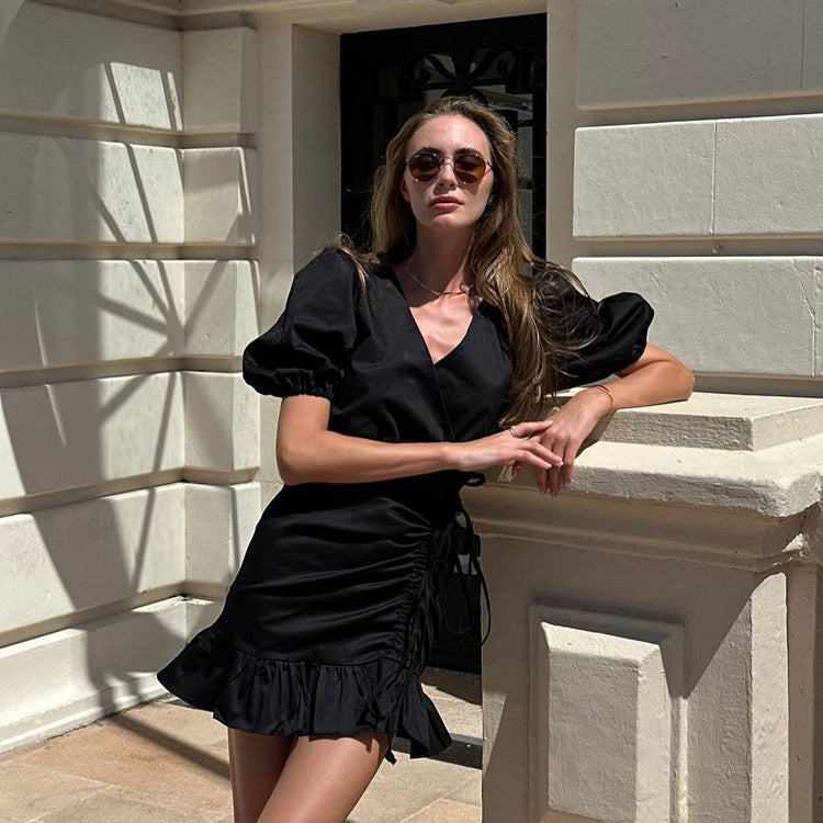 White Ruffled Women's Sexy V-Neck Puff Sleeve Drawstring High Waist Dress 4