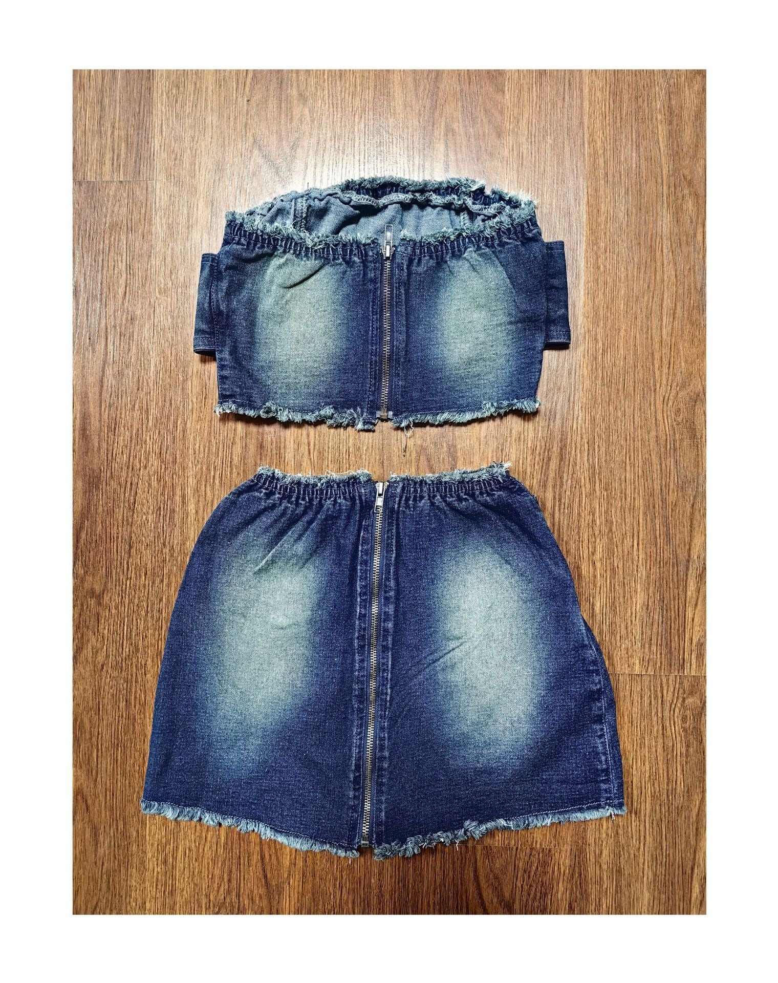 Summer Strapless Belt Elastic Denim Skirt Set 13