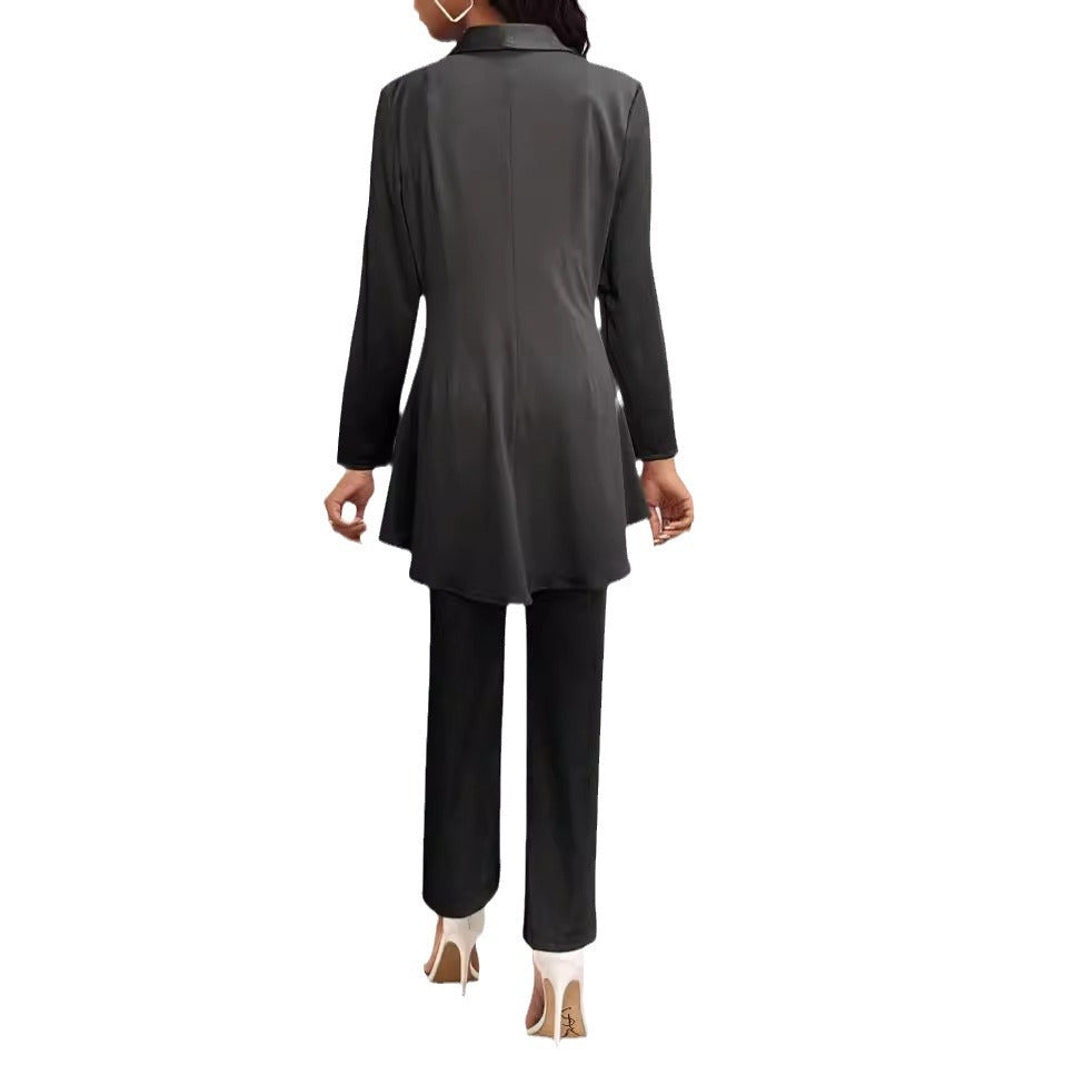 Stylish Solid Color Long Jacket Strap Jumpsuit Two-Piece Set 4