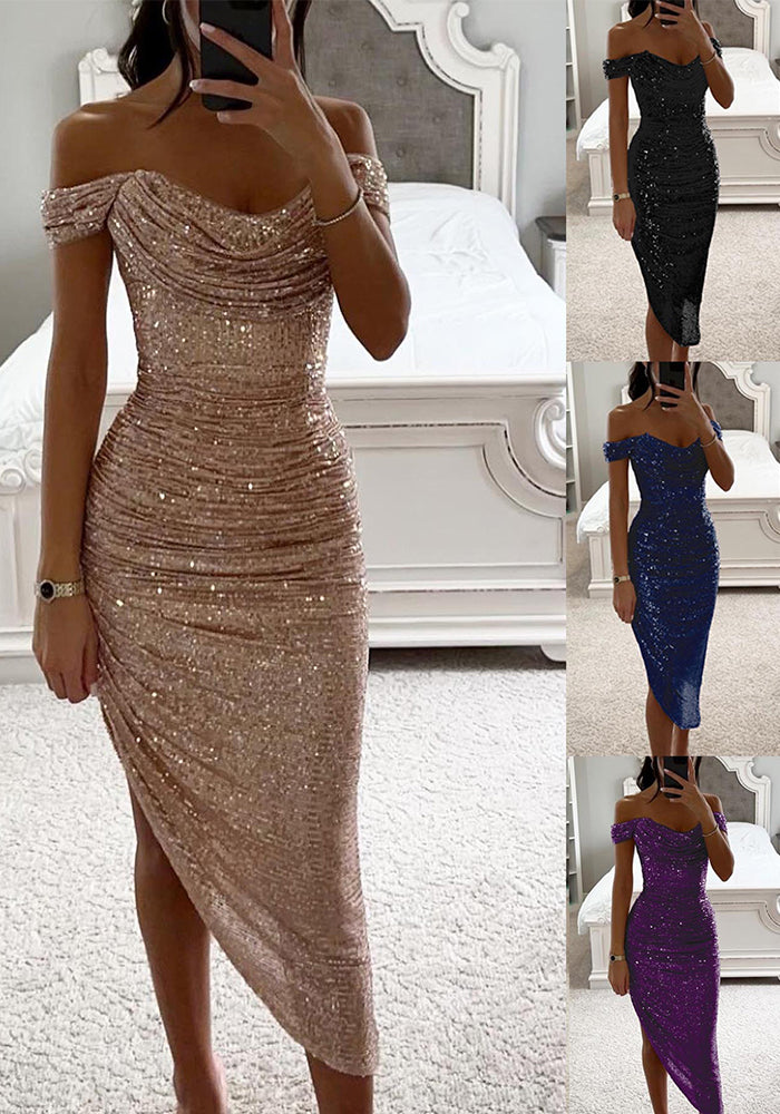 Spring Autumn Sequin Off Shoulder Fashion Party Women's Dress