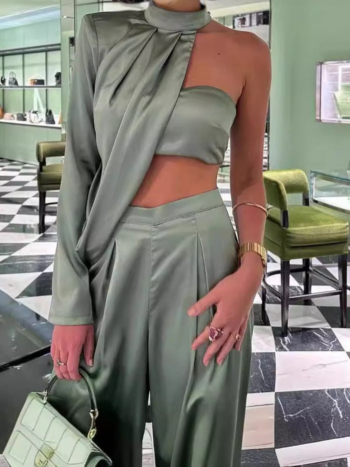 Women Elegant Halter Neck Slash Shoulder Strapless Sexy Crop Top and Wide Leg Pants Two-piece Set 5